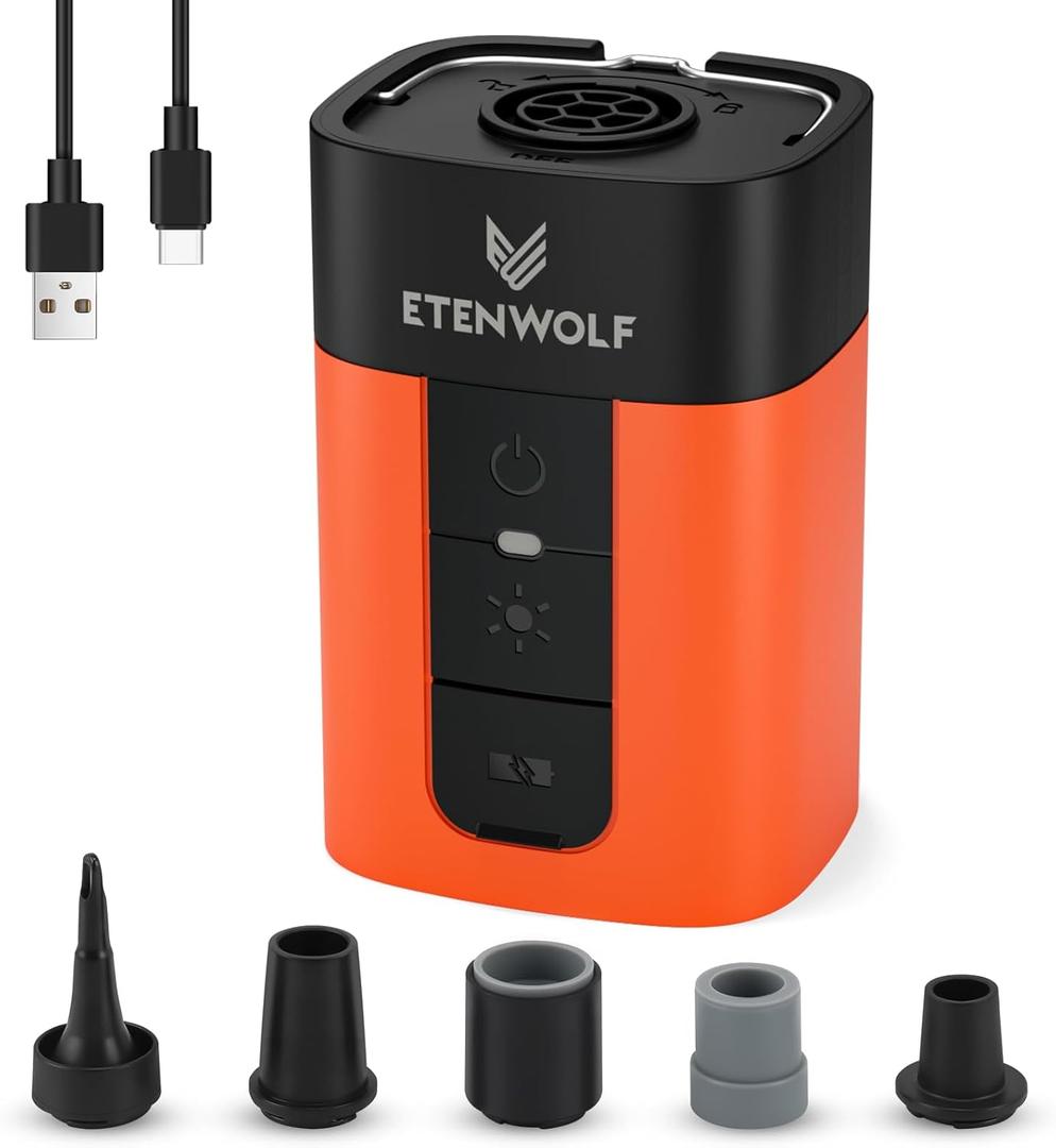 ETENWOLF Air Pump for Inflatables, 10400 mAh Portable Electric Air Pump with Camping Light, 4X Quick Inflator & Deflator, 720 L/min Pump for Pool Floats, Air Mattress, Vacuum Storage Bags (Vivid Orange)
