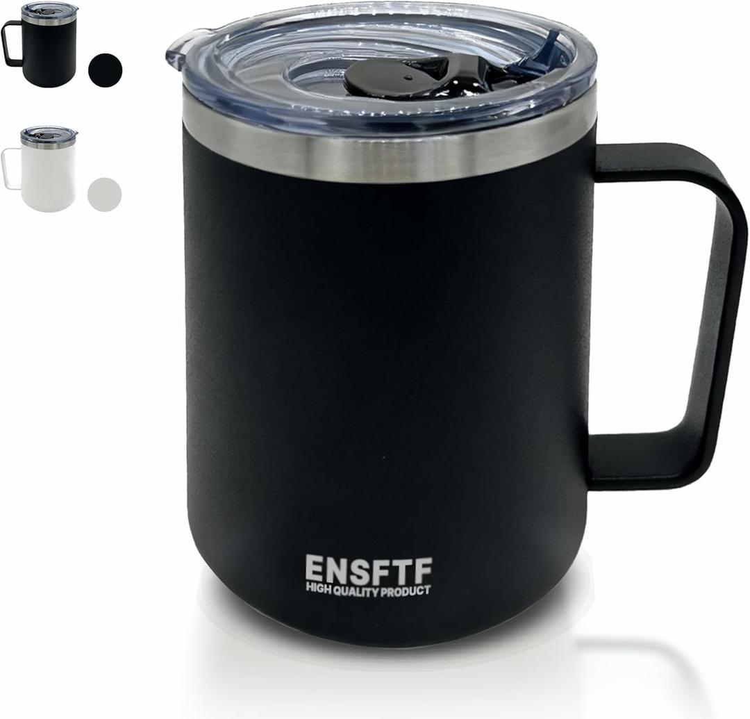 13 Oz Coffee Mug with Handle and Lid, Leak Proof Travel Tumbler, Stainless Steel Vacuum Insulated Thermal Cup, Double Wal Water Bottle for Hot & Cold - Sport, Work, Camping & Dishwasher Safe (Black)