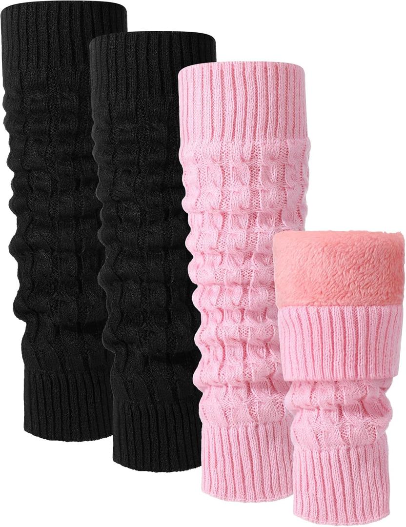 Shihanee 2 Pairs Winter Fleece Lined Leg Warmers for Women Warm Long Boot Socks Knit Thick Calf Warmers for Skating Walking (Black,Pink)