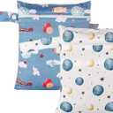2pcs Waterproof Cloth Diaper GG Wet Dry Bags Travel, Beach, Pool, Daycare & More Ideal for Baby Essentials, Yoga, Gym, Wet Clothes (Graphic Print, Sky Airplane and Moon)