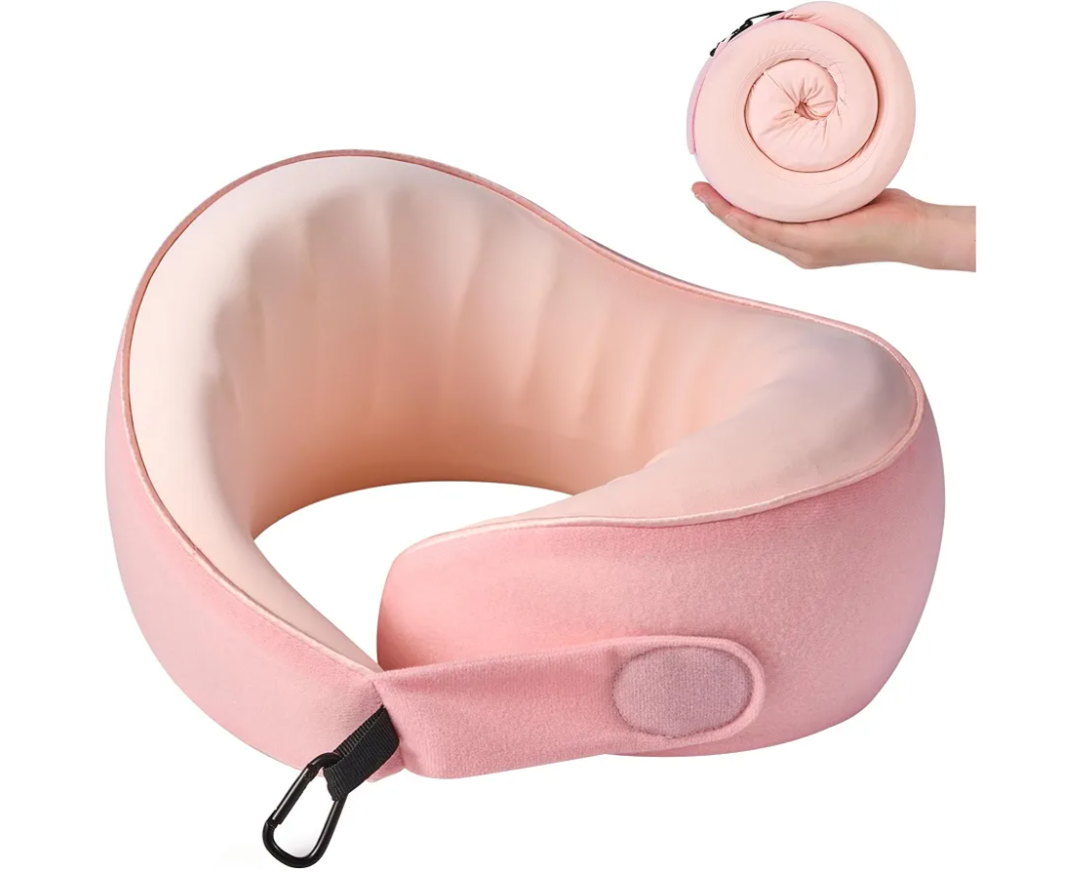 Travel Pillow, 100% Pure Memory Foam Travel Neck Pillow Airplane Neck Support Ergonomic Design for Traveling Suitable for Airplanes,Offices and Cars-Cooling Silk Light Pink