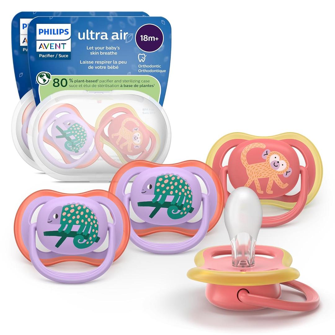 Philips Avent Ultra Air Pacifiers - Orthodontic Design, for Babies 18 Months+, Extra-Firm Silicone Symmetrical Nipple, BPA-Free, with 2 Sterilizing Cases, 4 Pack, SCF349/54 (red)