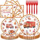 96Pcs Firetruck Birthday Decorations Fire Truck Baby Shower Plates and Napkins Forks Party Supplies Firefighter Birthday Party Decorations (Red)