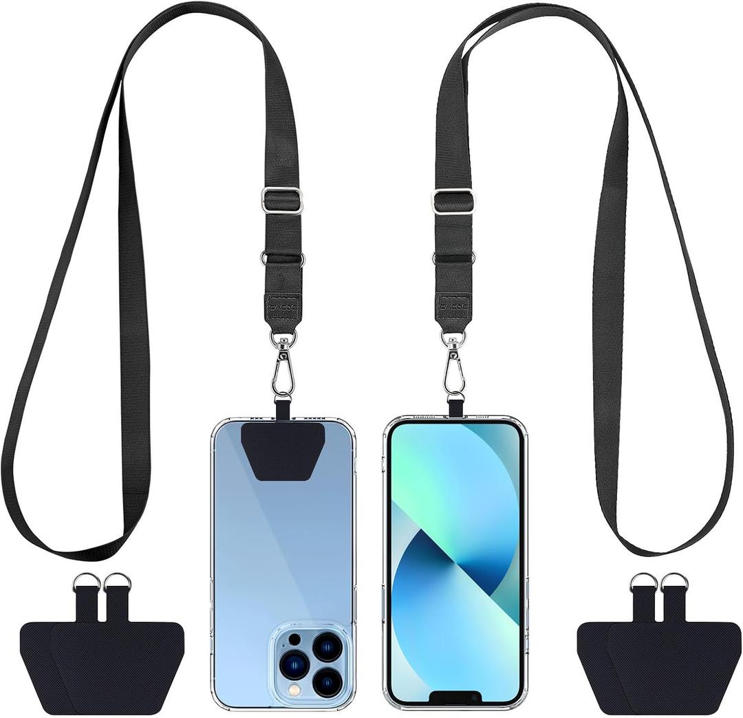 CACOE Phone Lanyard 2 Pcs Adjustable Neck Strap,4 Pcs Patches,Multifuctional Patch Polyester Phone Lanyards Compatible with Most Smartphones(Black+Black)