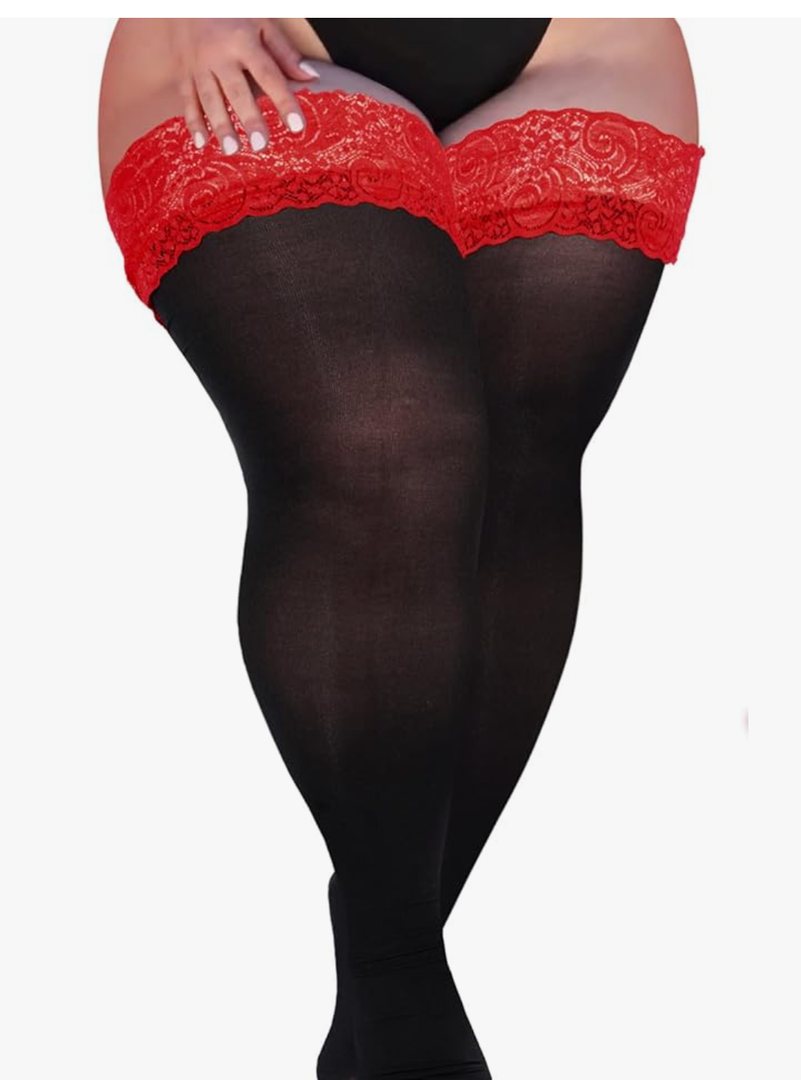 Plus Size Thigh High Stockings Women Sheer Lace Top Stay Up Pantyhose 55D Lingerie Thigh Highs