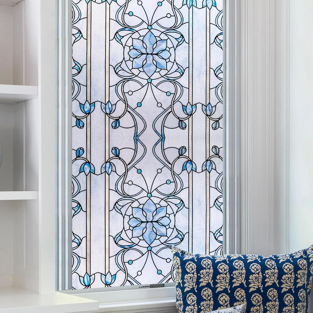 3D Stained Glass Window Privacy Film, Heat Control UV Blocking Static Cling Decorative Window Film for Bathroom,Front Door,Home Non Adhesive,35.4 x 78.7 inches Azure Bloom