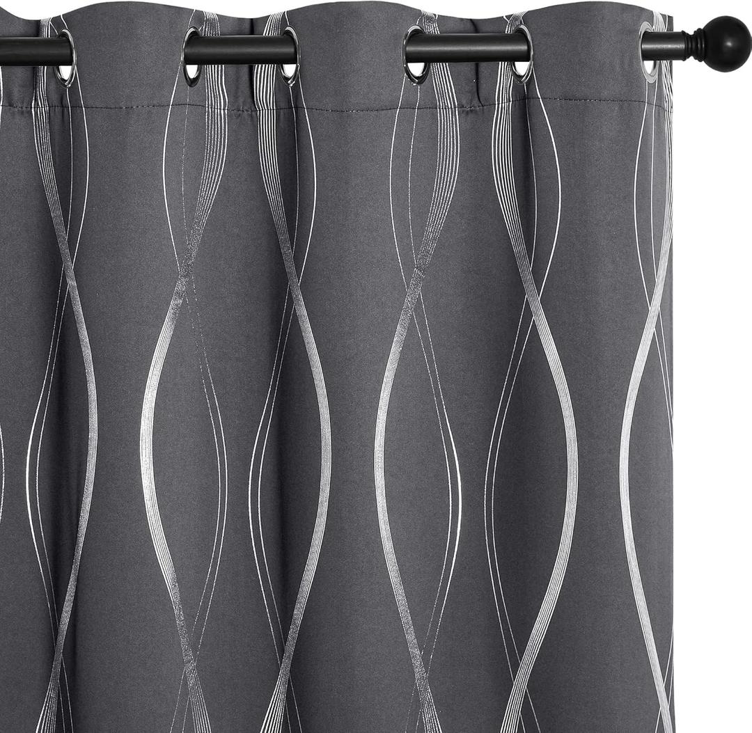 NICETOWN Grey Blackout Floral Pattern Curtains for Living Room 84 inch Long 2 Panels Set, Noise Reducing Thermal Insulated Wave Line Foil Print Bedroom Drapes for Patio Sliding Glass Door (Grey, 52 x 84, Pack of 2)