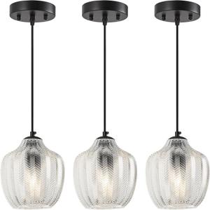 Clear Ribbed Glass Pendant Light, 6.29" Modern Hanging Light Fixture, Pendant Lights Kitchen Island & Dining Room, Adjustable Cord E26 Base (Model A, 3-Pack)