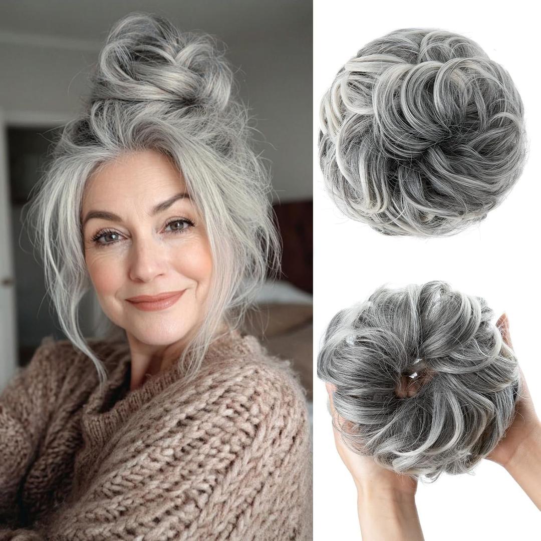 CJL HAIR Large Messy Bun Hair Piece Wavy Curly Scrunchies Synthetic Chignon Ponytail Hair Extensions Thick Updo Hairpieces for Women Salt and Pepper