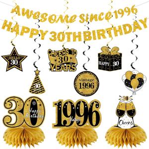 11Pcs 30th Birthday Decorations Kit for Men Women, Black Gold Happy 30th Birthday Banner, Awesome Since 1996 Centerpieces Swirls Party Supplies, Thirty Bday Banner Ceiling Table Topper Sign