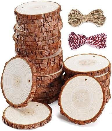 wohohoho 31pcs 3.6-4 inches Natural Wood Slices, Unfinished Craft Wood Kit Predrilled with Hole Thickened Wooden Circles with Bark for DIY Ornaments Christmas Wedding Decorations Wood Coasters Tags