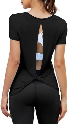 Mippo Open Back Workout Tops for Women Soft Short Sleeve Athletic Yoga Gym T Shirts, M