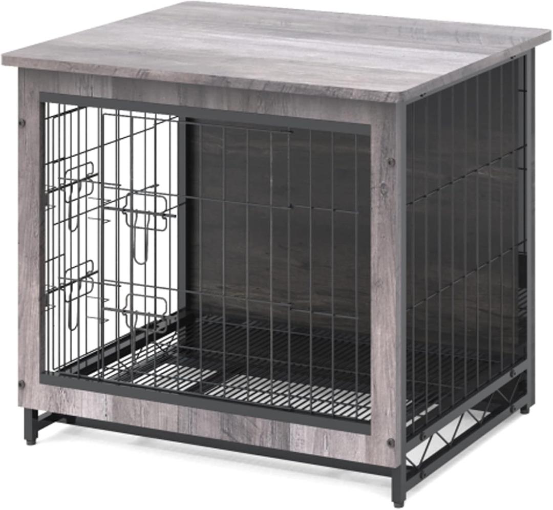 Feandrea 27.2" Dog Crate Furniture, Indoor Dog Cage Side End Table, M Pet Wood Kennel for Medium and Small Dogs up to 30 lb with Multi-Purpose Removable Tray, Double-Door Pet House, Greige
