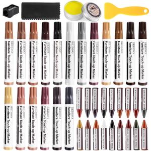 SEISSO Furniture Repair Kit, 18 Colors Touch Up Markers and Wood Filler Sticks with Wood Polish Wax - Furniture Touch Up Kit Cover Up Scratches, Stains, Holes for Wooden Table, Cabinet, Floors, Door