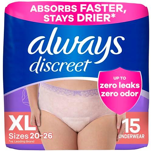 Always Discreet Adult Incontinence Underwear for Women and Postpartum Underwear, Extra Large, Up to 100% Bladder Leak Protection, 15 Count
