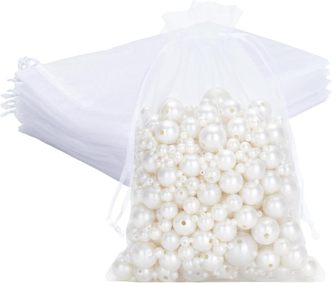 G2PLUS 25PCS White Organza Bags 5x7 inches, Sheer Mesh Jewelry Pouches, Organza Gift Bags with Drawstring for Candy, Jewelry, Wedding Party Favors