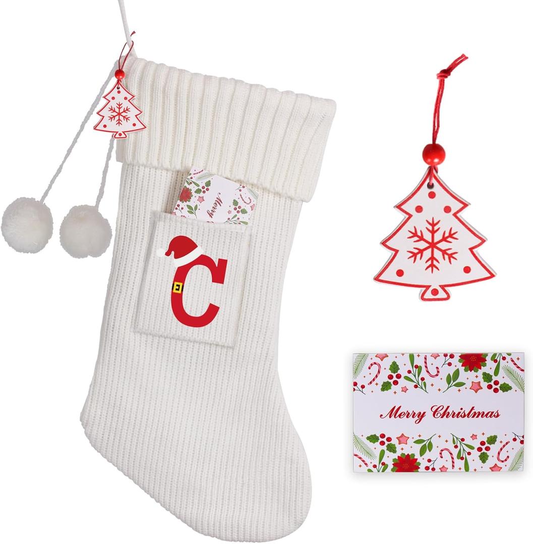 Christmas Stocking 18 Inches Large Knit Christmas Stockings Monogram Initial Personalized Christmas Stockings for Family Xmas Home Decor White Red Green Tree Fireplace Ornaments White C