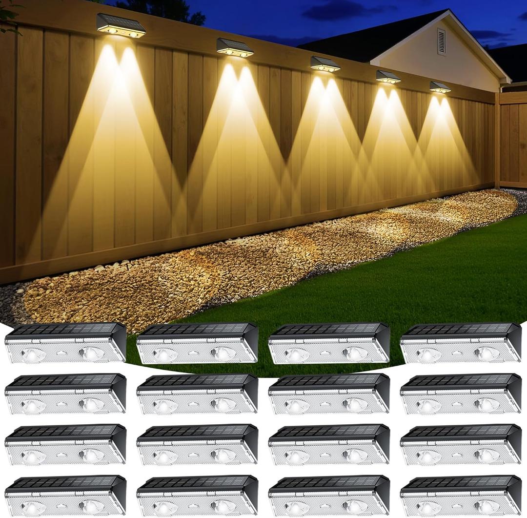 Solar Fence Lights Outdoor, 16 Pack IP65 Waterproof Fence Lights Solar Powered with Ultra-Bright LED Lens, 9 Color Modes, 12+ Hours Steady Glow for Deck/Backyard/Patio/Pool/Wall - Black