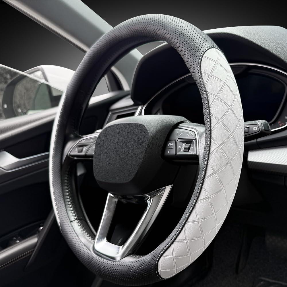 LKWLIKEI Nappa Leather Steering Wheel Cover, Elegant Diamond Checkered Design, Non-Slip wear-Resistant, Enhance Driving Comfort, Suitable for Steering Wheel Diameter 14 1/2-15 Models.Black White