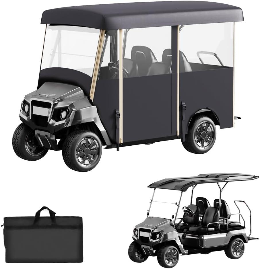 Golf Cart Cover Enclosure 4&6 Passenger, Golf Cart Cover for Yamaha Club Car EZGO, Waterproof 600D Oxford Rain Cover, Transparent Tail Light Panel, Foldable Door,4-Sided Clear Windows (Black)