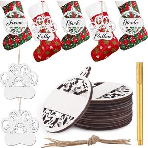 Unittype 12 Pieces Christmas Stocking Name Tags with 1 Marker Pen, Snowflakes and Paw Shape Christmas Wood Stocking Tag, Blank Wooden Name Tags for Christmas Tree Mantel Hanging Ornaments (White)