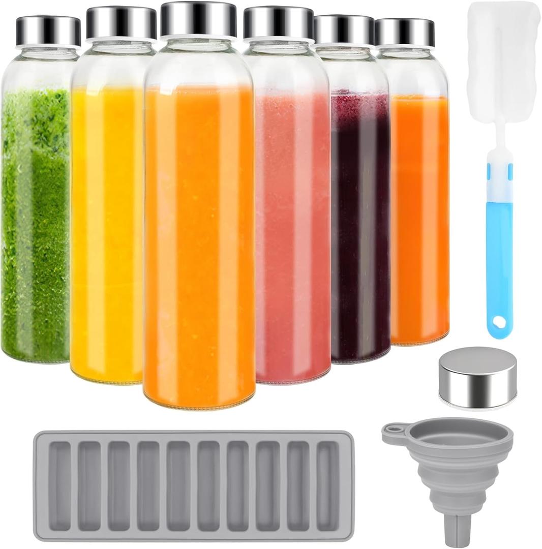 Zukro Glass Juice Bottles with Lids for Juicing 18 oz, Reusable Clear Glass Water Bottles with Stainless Steel Airtight Cap for Refrigerator, 100% Leak Proof, BPA Free, Set of 6 