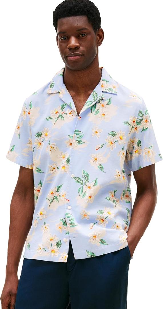 Tommy Hilfiger Men's Short Sleeve Lightweight Button Down Shirts in Regular Fit, Men's Casual Button Down Summer Shirts (Large, Sweet Blue / Allover)