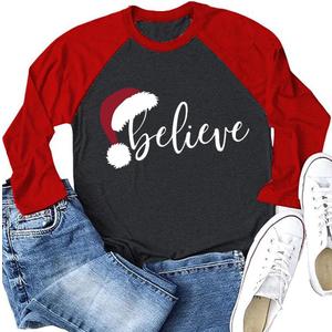 Christmas Shirt for Women Raglan Long Sleeve Merry Believe Tree Graphic Festival Shirts Vacation Trendy Tops (Medium, Sc01rdgr)