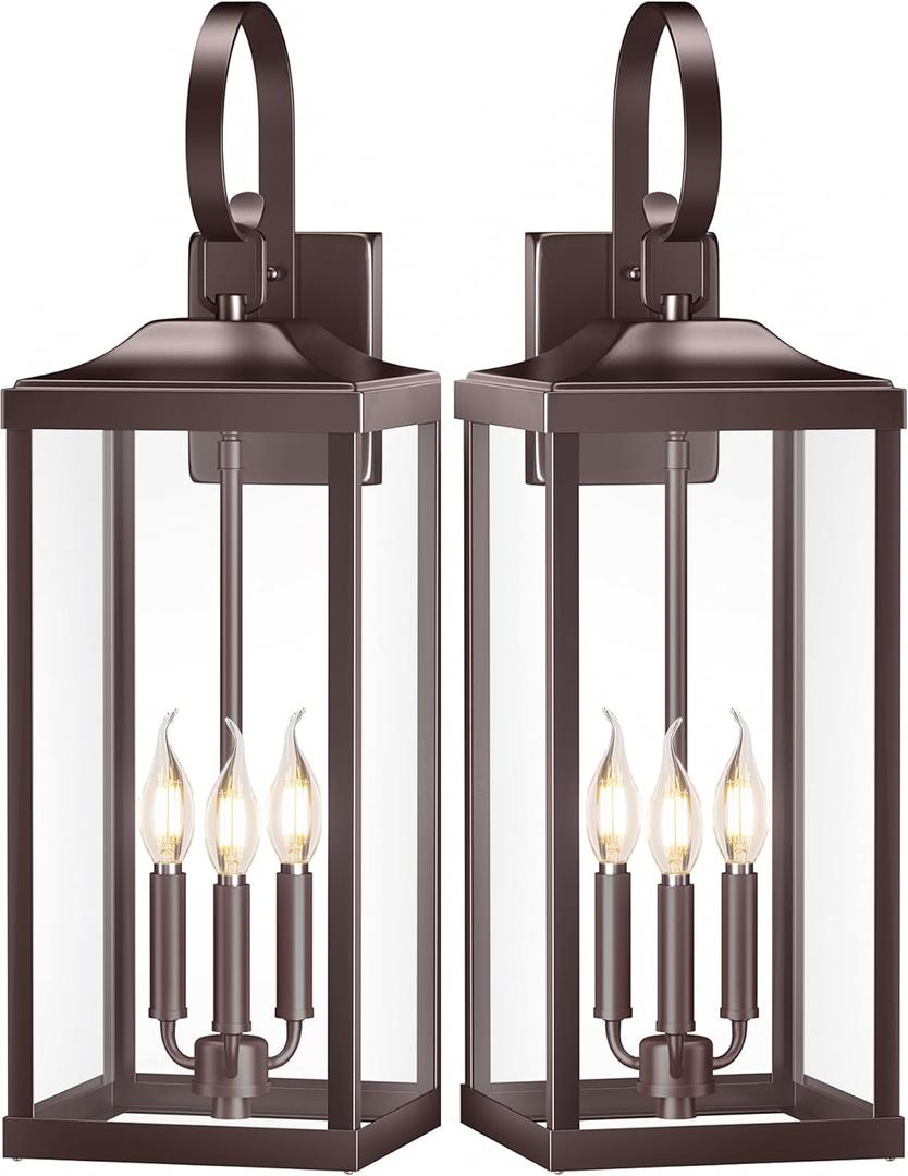 2 Packs 24" Extra Large 3-Light Outside Wall Light Fixture, Oil Rubbed Bronze Outdoor Porch Lantern Wall Mounted, Waterproof Modern Brown Outside Wall Sconce Coach Lamp for House, E12 (Bronze (No sensor))