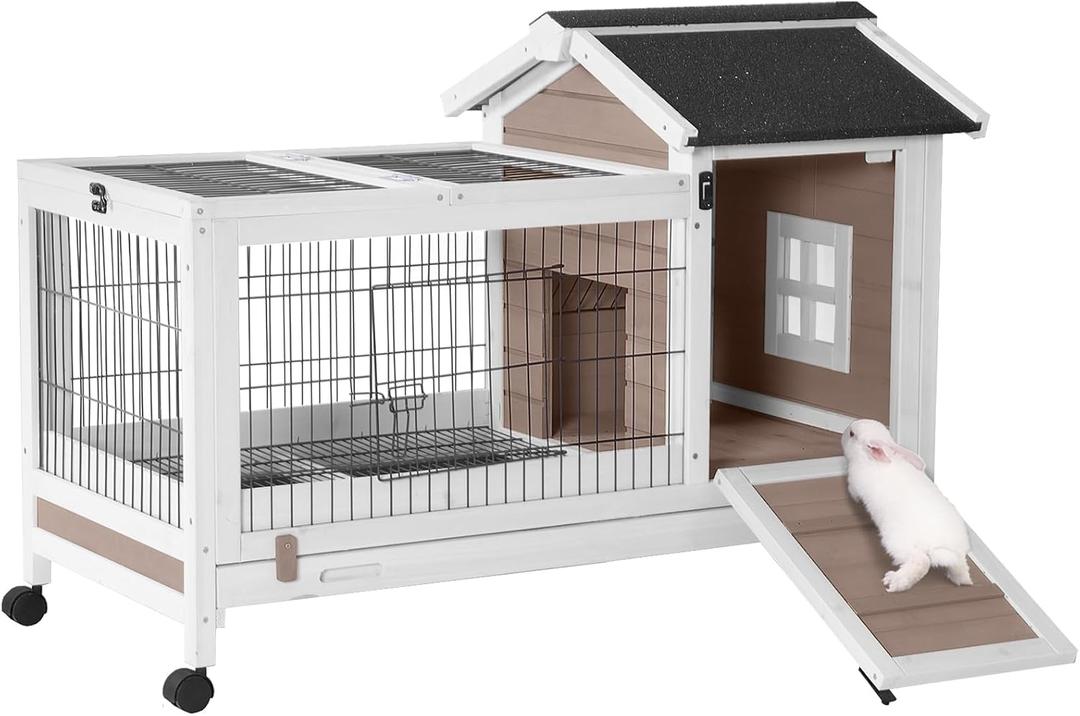 Aivituvin Rabbit Hutch Indoor Bunny Cage Outdoor Bunny House with Wire Floor Leakproof Plastic Tray, Brown (40.7"L x 22.8"W x 26.8"H)