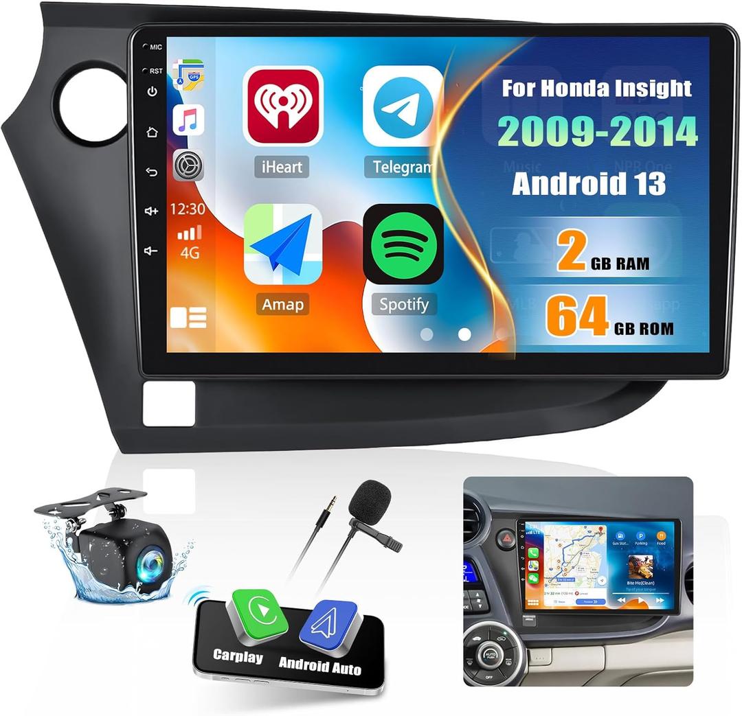 2G+64G Car Radio for Honda Insight 2009-2014 with Wireless Carplay Android Auto,9 inch Touchscreen Car Stereo Radio Support Mirror Link WiFi GPS Navigation Bluetooth FM RDS EQ SWC Backup Camrea