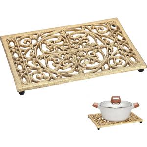 Sumnacon Cast Iron Trivet, 9.6x6.3 Inch Metal Trivets with Rubber Feet, Heat Resistant Trivets for Hot Dish Pot Pan Plate Teapot, Rustic Cast Iron Accessories for Kitchen Cooktop Dining Table, Gold