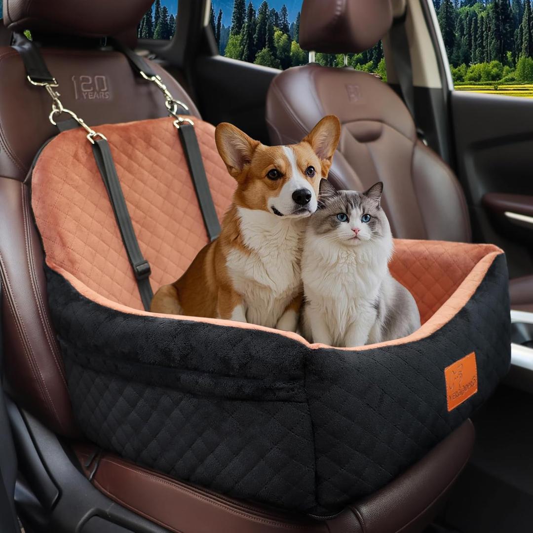 Car Dog Seat, Pet Booster Carseats for Dogs up to 25lbs, Safe and Comfy Puppy Travel Car Bed with Storage Pockets and 2 Safety Belt,Ultra Soft Fabric, Easy to Install, Fully Removable Washable (Black Outside Brown Inside)