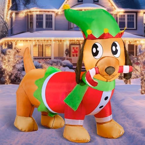 Joiedomi Christmas Inflatable Puppy Holding A Candy Cane, Christmas Outdoor Inflatable Decoration with Built-in LEDs Blow Up for Xmas Party Indoor Outdoor Yard, Garden, Lawn Winter Decor, 5FT