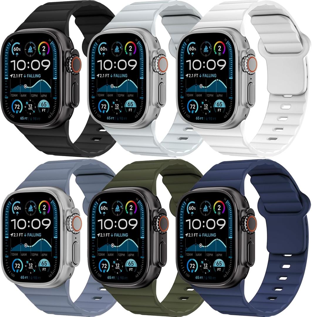 6 Pack Sport Bands for Apple Watch Ultra/3/2 Band 49mm 46mm 45mm 44mm 42mm 41mm 40mm 38mm iWatch Bands for Men Women,Waterproof Silicone Strap Wristband for Apple Watch Series 11 10 9 8 7 6 5 4 SE 3/2 (02-Black/Light Grey/White/Blue Grey/Army Green/Navy Blue)