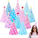 24 Pcs Party Hats with Pom Poms Birthday Cone Hats for Adults Colorful Pastel Paper Birthday Photo Props Headwear Decorations for Celebration Bridal Wedding Party Supplies