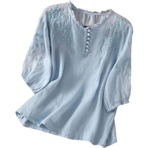 3/4 Length Sleeve Womens Tops Cotton Linen Button Loose Crew Neck Casual Boho Top Vintage Embroidered Blouse Tops, Size 4