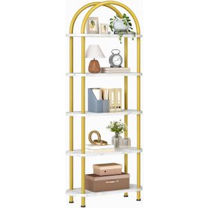 HOOBRO 5 Tier Open Bookshelf, Industrial Arched Bookcase Display Shelf Rack, Wooden Bookcase Storage Shelf Metal Frame, Tall Storage Organizer for Home, Easy Assembly, Gold DM176SJ01, 16.9"L x 11.8"W x 69.3"H
