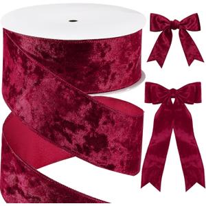 Yungyan 2.5" x 30 Yards Burgundy Crushed Christmas Velvet Ribbon, Wired Christmas Ribbon for Xmas Tree Topper Decor, Bows Making, Gift Wrapping, Garlands, Wreaths, Crafts, Outdoor Party Decor