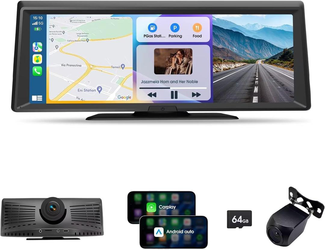 Wireless Portable CarPlay Screen8.1" Portable Touchscreen Car Stereo with 2K Dash Cam/Carplay & Android Auto1080P Backup CameraGPS NavigationVoice ControlLoop RecordingMirror Link