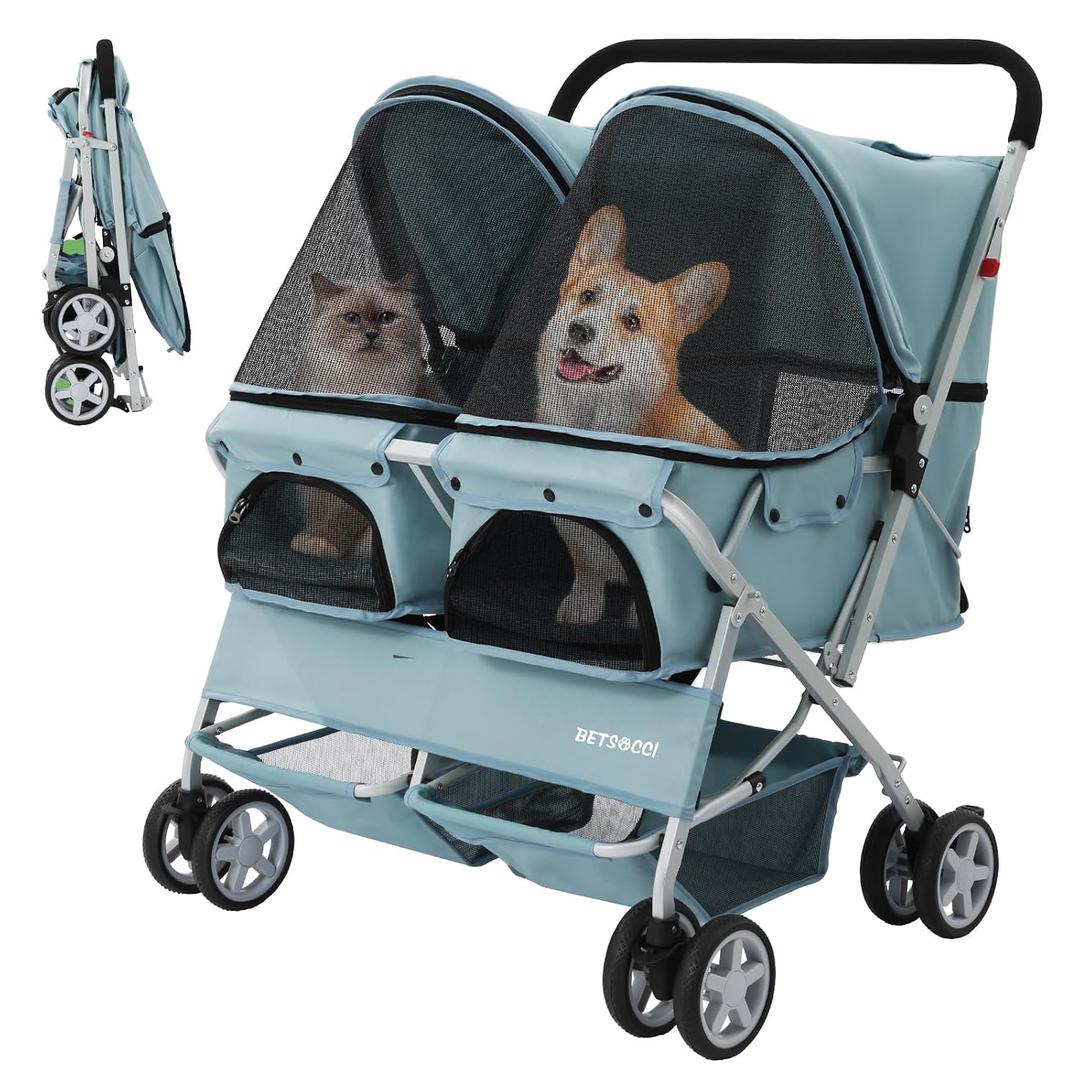 Double Pet Stroller for 2 Small Dogs & Cats, Side-by-Side Twin Travel Carriage with Safety Leashes, Mesh Windows & Double Storage Baskets, Lightweight & Foldable, 44lbs Capacity, Light Blue