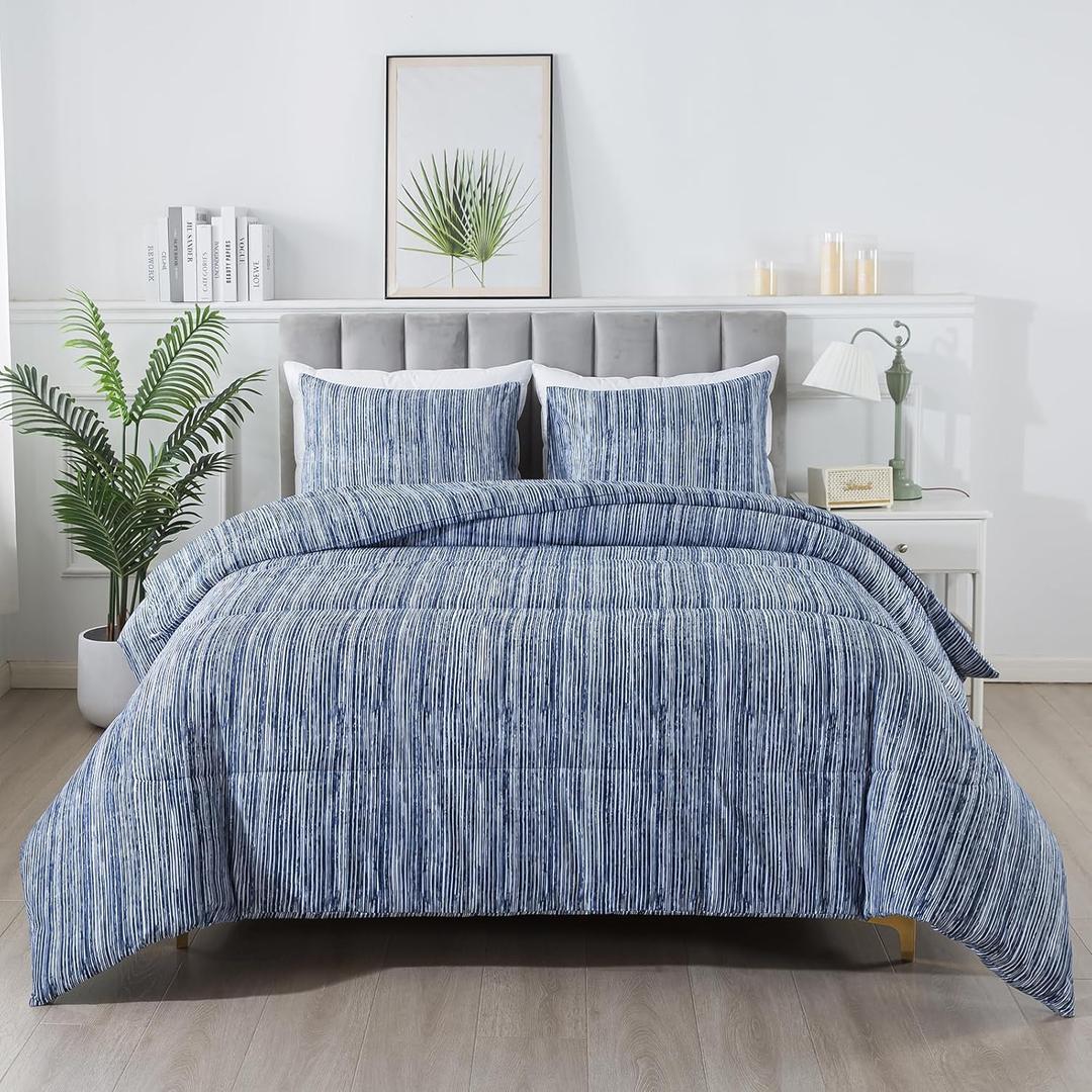 Blue Striped Comforter Set Twin Size, Blue White Vertical Ticking Stripes Pattern Printed Bedding Set, Farmhouse Down Alternative Comforter (68"x90" 2PC)