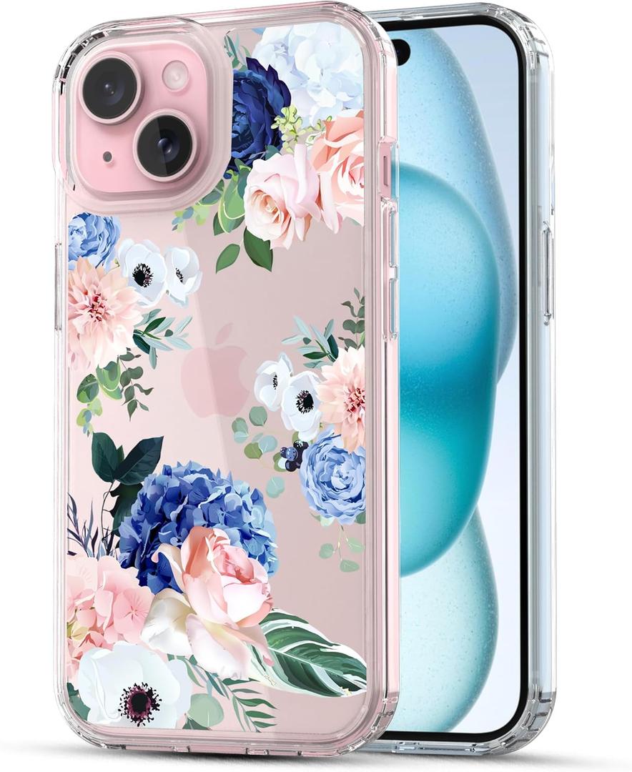 RANZ Case for iPhone 15, Anti-Scratch Shockproof Series Clear Hard PC + TPU Bumper Protective Cover Case for iPhone 15 (6.1") - Flower Bouquet