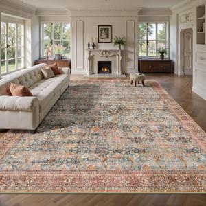 8x10 Area Rugs for Living Room - Washable Vintage Retro Large Rug, Soft Ultra Thin Non Slip Low Pile Traditional Distressed Boho Carpet for Bedroom Dining Room Home Office, Rust Clay