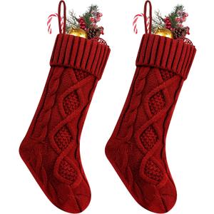 Fesciory Christmas Stockings, 2 Pack 18 Inches Cable Knitted Large Size Stocking Gifts & Decorations for Family Holiday Xmas Party (Red 18in) (Burgundy)