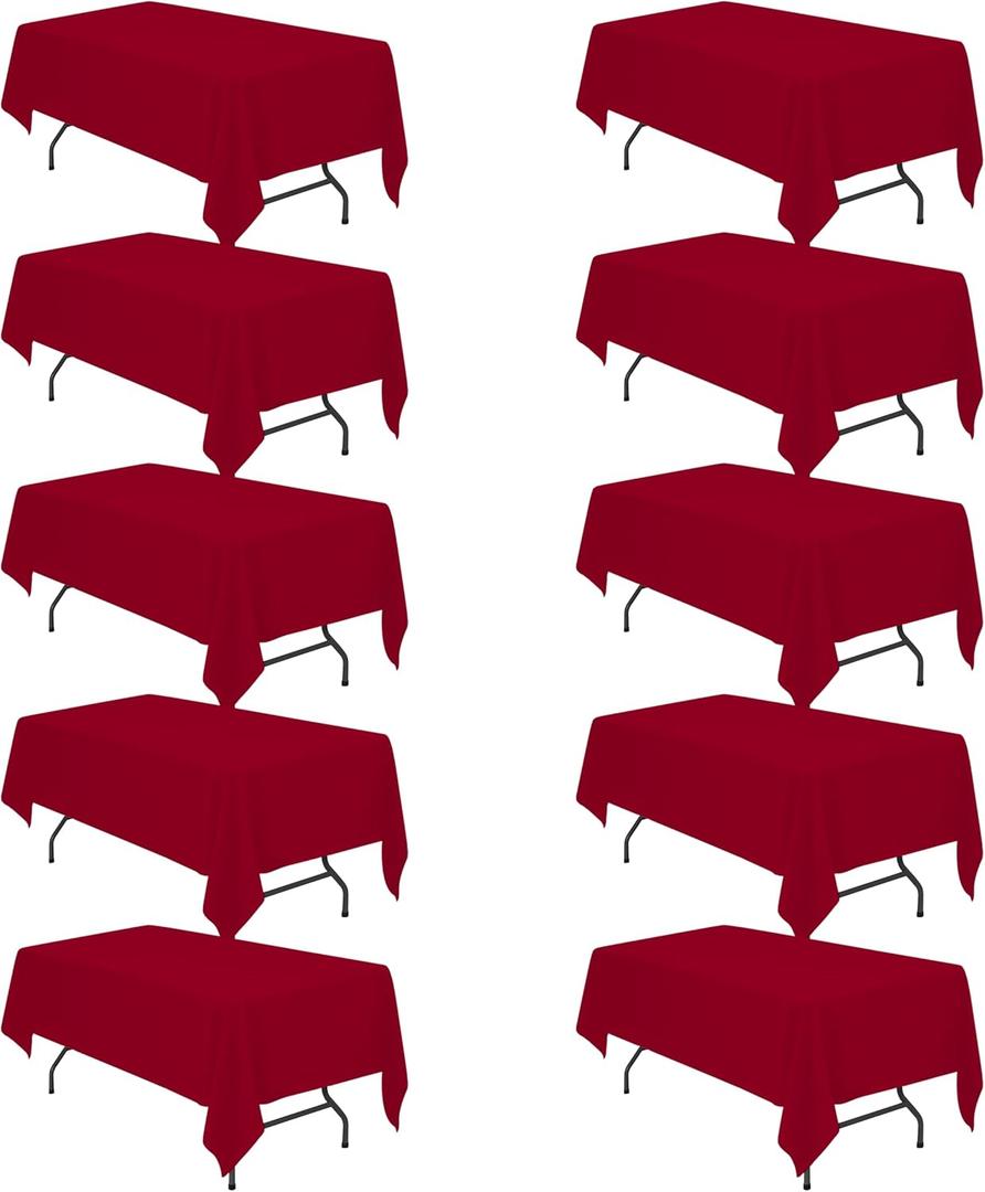 BRILLMAX 10 Pack Burgundy Tablecloths 60 x 102 Inch for 6ft Rectangle Tables - 150 GSM Polyester Fabric, 15" Standard Drop, Water, Stain & Wrinkle Resistant Cloth Cover for Wedding Dining Buffet