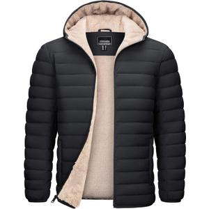 TACVASEN Men's Puffer Jacket Hooded Sherpa Lined Water Resistant Windproof Insulated Jacket Warm Winter Puffy Coat (Large, Black)