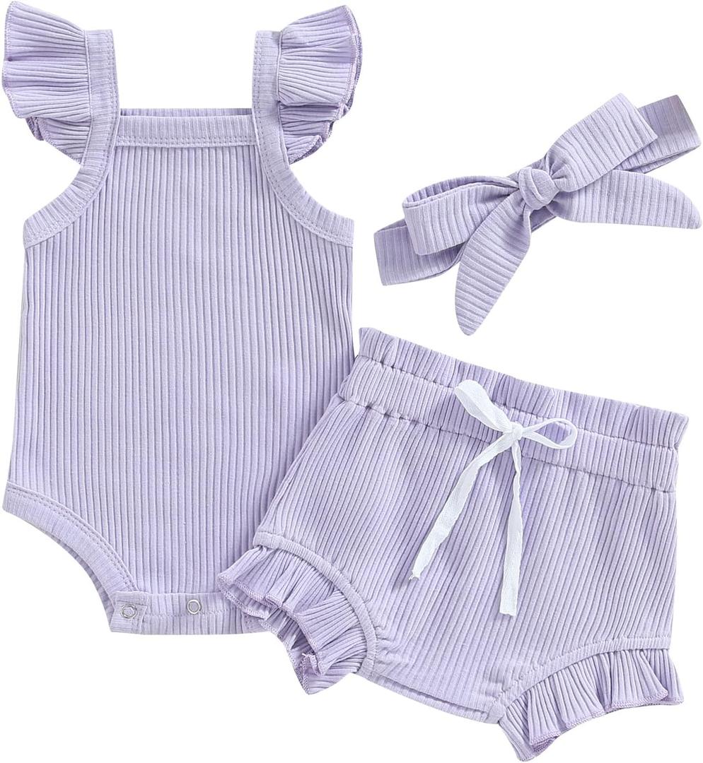 Newborn Baby Girl Summer Outfits Ribbed Sleeveless Romper Bodysuit Top and Ruffle Shorts Headband Clothes Sets (Purple)