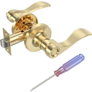 Privacy Door Lever Handle Lock, Gold Wave Style Door Levers with Screwdriver, Interior Privacy Door Levers for Bed/Bath Room, Reversible Handle Locks, Stain Brass, 1 Pack