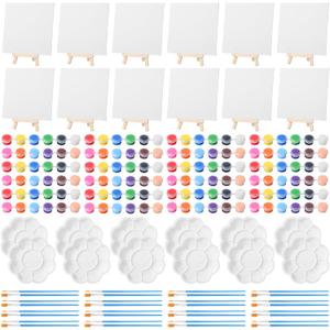 Qilery 12 Set Acrylic Paint Kit Mini Stretched Canvas with Easel, Acrylic Paints Strips, Brushes, Palette, Art Set for Adults Birthday Party Favors(6 x 6 Inch)